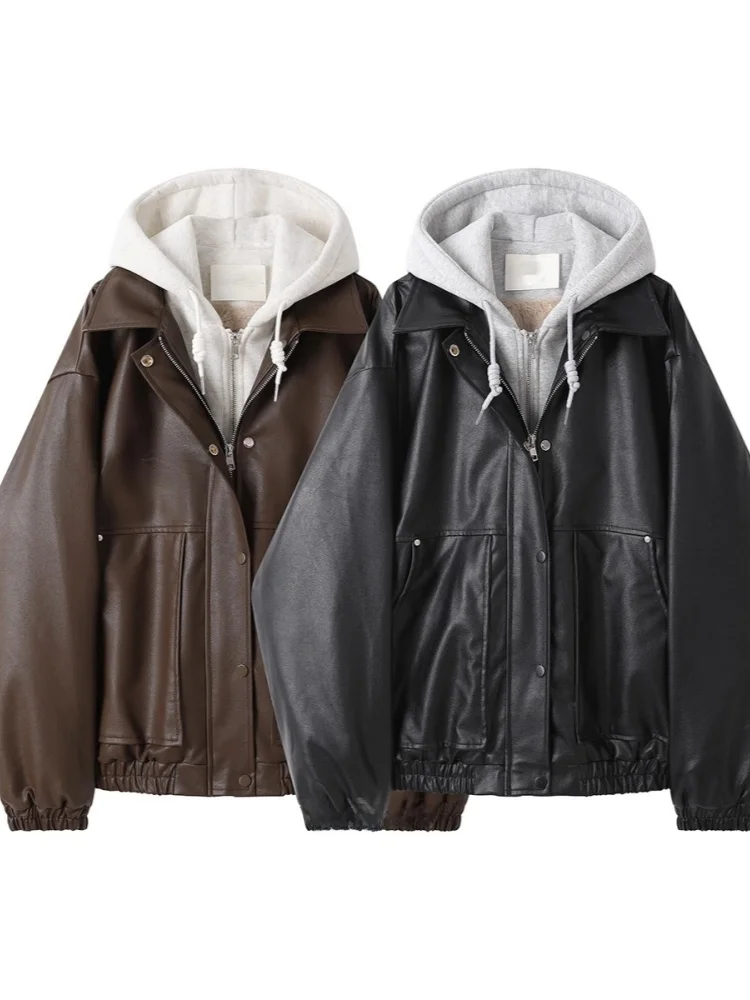 

Retro American Cool Brown PU Leather Jaet Women's Winter Fce Lined ort Coat Zipper Casual Sle Loose Fit O2O Ss