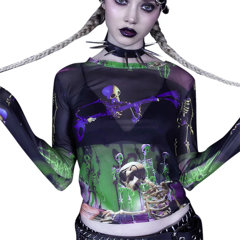 

Ladies Fashion Sexy See-through Skulls Tshirts Female Strange Taste Girl Hip-hop Clothes Y2k Aesthetic Mesh Hollowing Smock B1