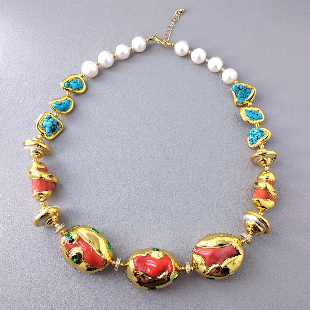 

YYGEM оранжевый коралловый синий бирюзовый белый жемчуг драгоценный камень массивные ожерелья ручной работы ювелирные изделия