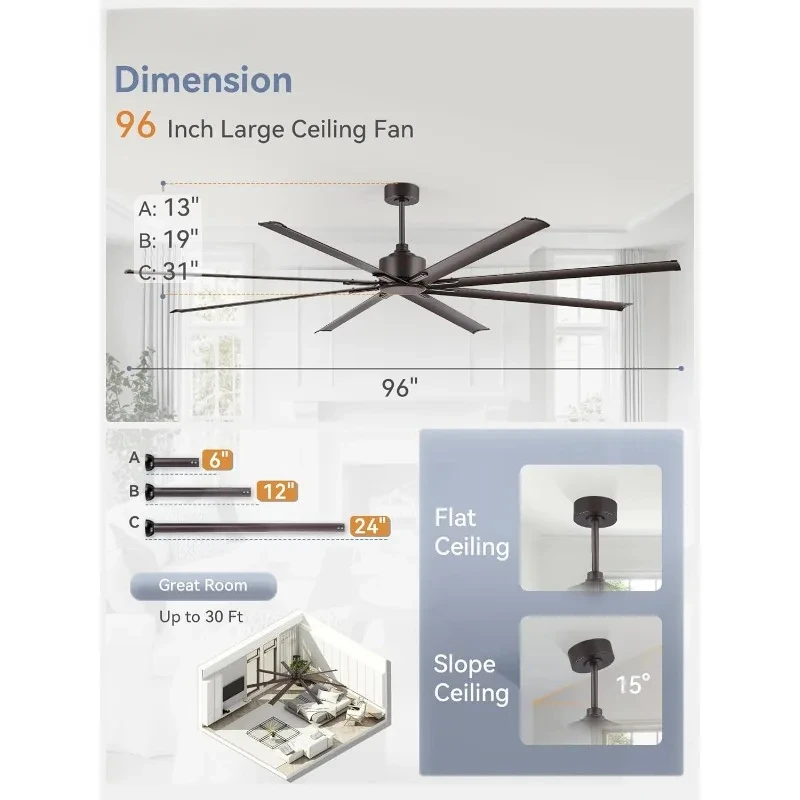 Motor Ceiling Fan, Large Ceiling Fan Reversible Blade Speed Remote Control, Home or Commercial Ceiling Fans