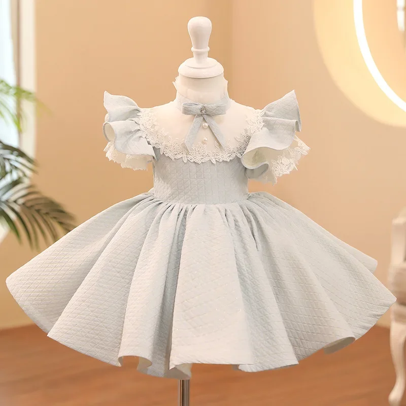 

Children Teen Dresses Solid Color Lace Vestidos Prom Piano Performance Birthday Party Host Girls Costumes One Year Baby Dresses