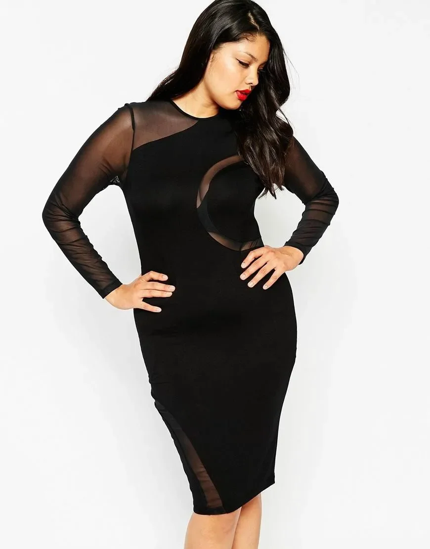 Plus Size Mesh Patchwork Bodycon Dress Women Long Sleeve Solid Black Sexy Sheath Club Dress Knee Length Spring Party Dress 6XL