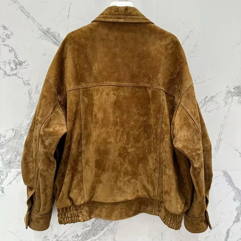 여성용 리얼 스웨이드 재킷 가을 겨울 루즈핏 라펠 지퍼 툴링 포켓 그레이/브라운 염소 가죽 프로필 코트 몬타우 여성용