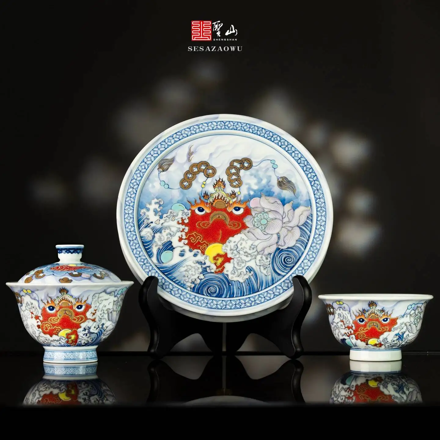 Xunzhen Tang/Original Blue And White Enamel Treasure Golden Toad Ceramic Jingdezhen Handmade Hand-Painted Gaiwan Tea Set Cup