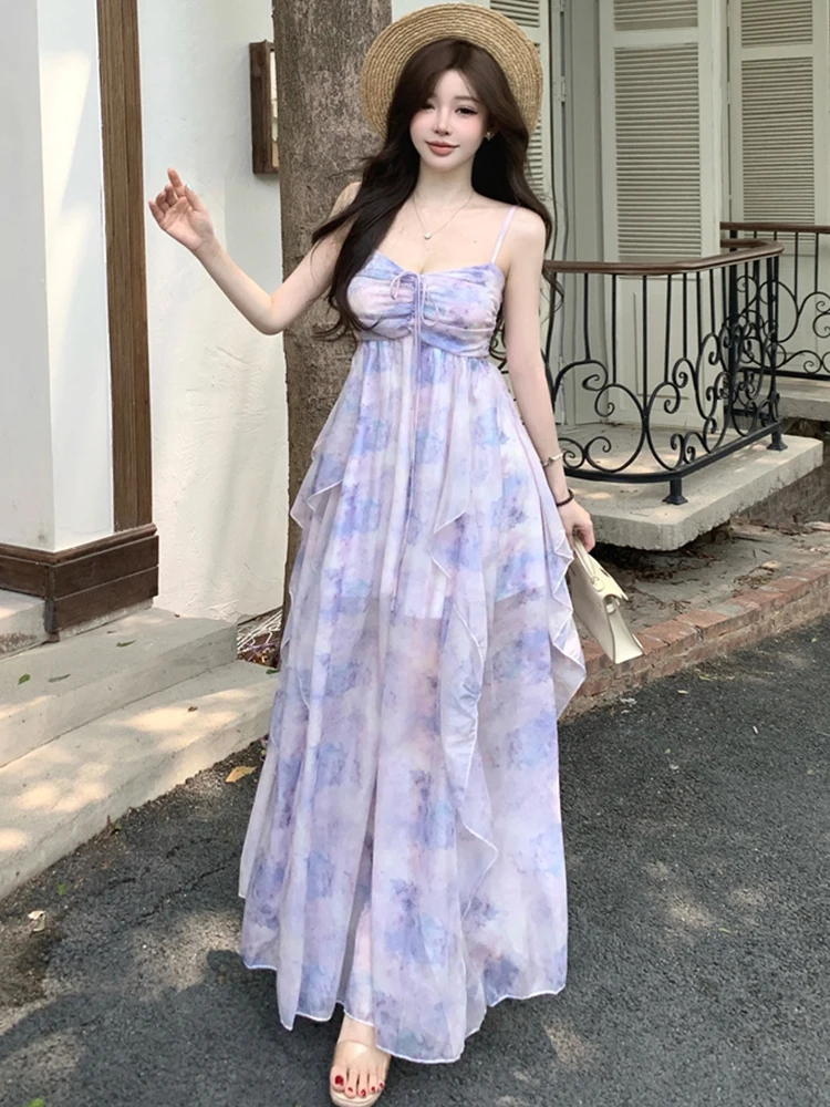 Vrouwen paarse print chiffon gegolfde maxi-jurk zomer elegante sling sexy strandjurk 2025, Koreaanse mode bodycon vakantiejurken