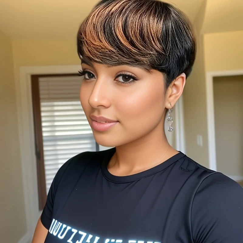 픽시컷 믹스 컬러 헤어스타일 짧은 스트레이트 인모 가발 (앞머리 포함) 여성용