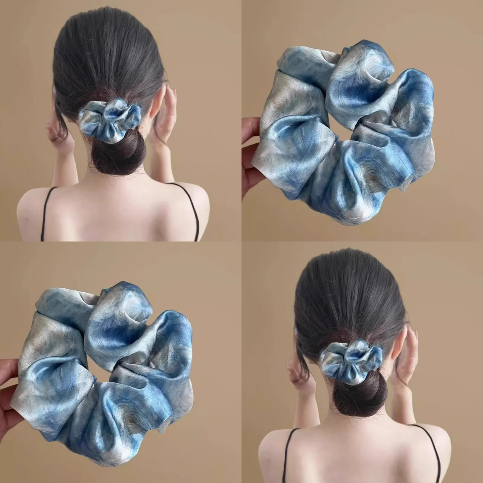 1 ชิ้นสีฟ้าสีน้ําผม Scrunchie, ผ้าไหม - เหมือนผูกผมผ้า, เครื่องประดับผมหรูหราสําหรับทรงผมที่มีสไตล์ของผู้หญิง