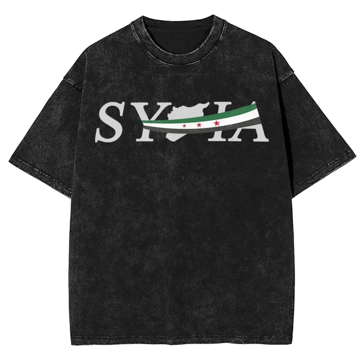 Syrian Independence Flag Washed T-Shirt Men Y2K Classic Cotton T Shirts Beach Breathable Harajuku Tee Shirt Print Clothes