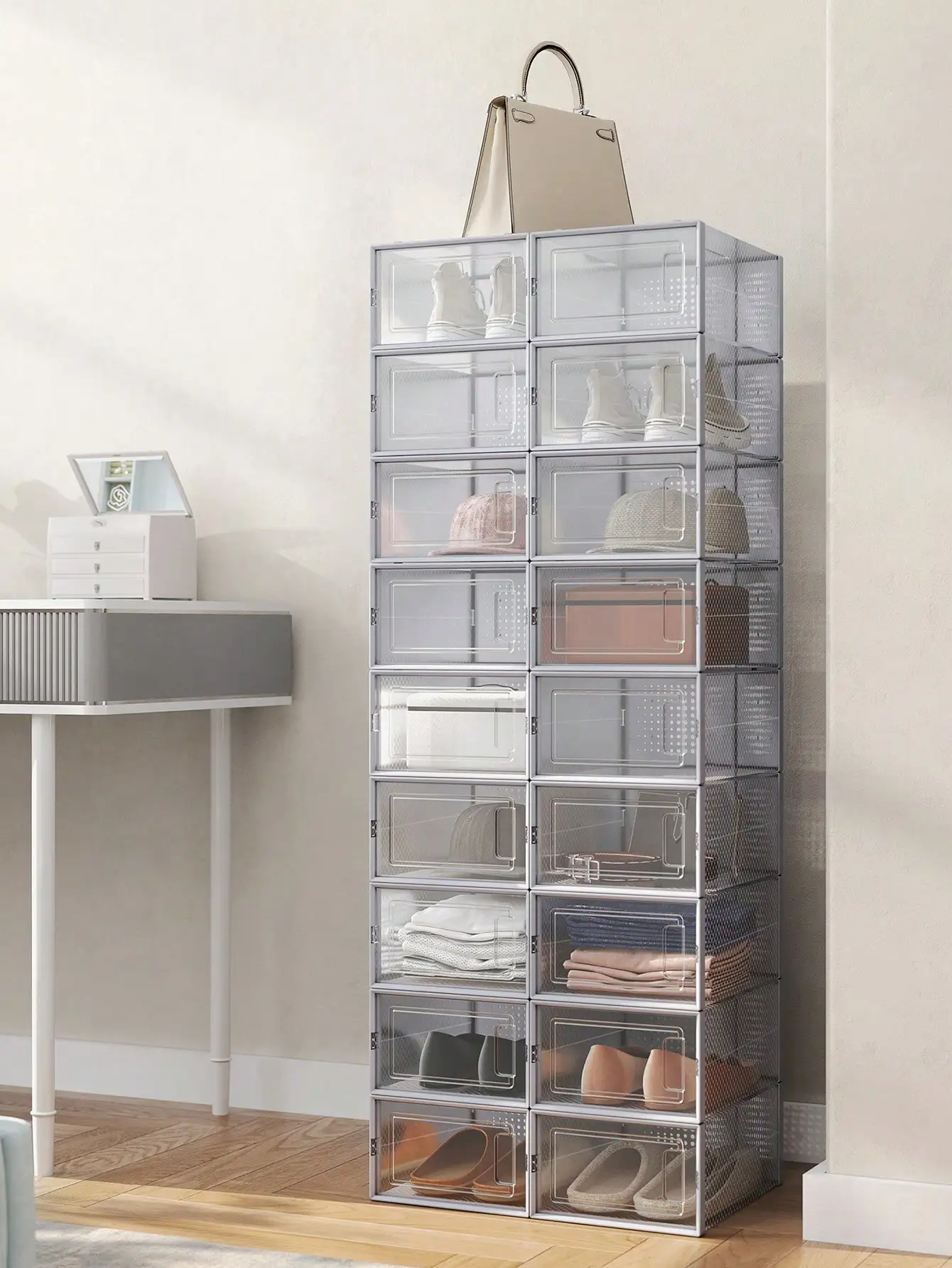 SONGMICS 18 scatole per scarpe impilabili, pieghevoli, adatte fino al regno unito taglia 11, trasparente/grigio