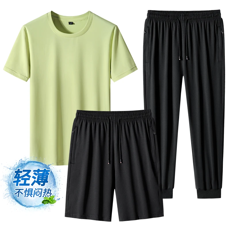 

Men's set Three Piece Casual Sports Set for Men's Summer Running, Ice Silk Short Sleeved T-shirt, Shorts, Cropped Pants M-8XL