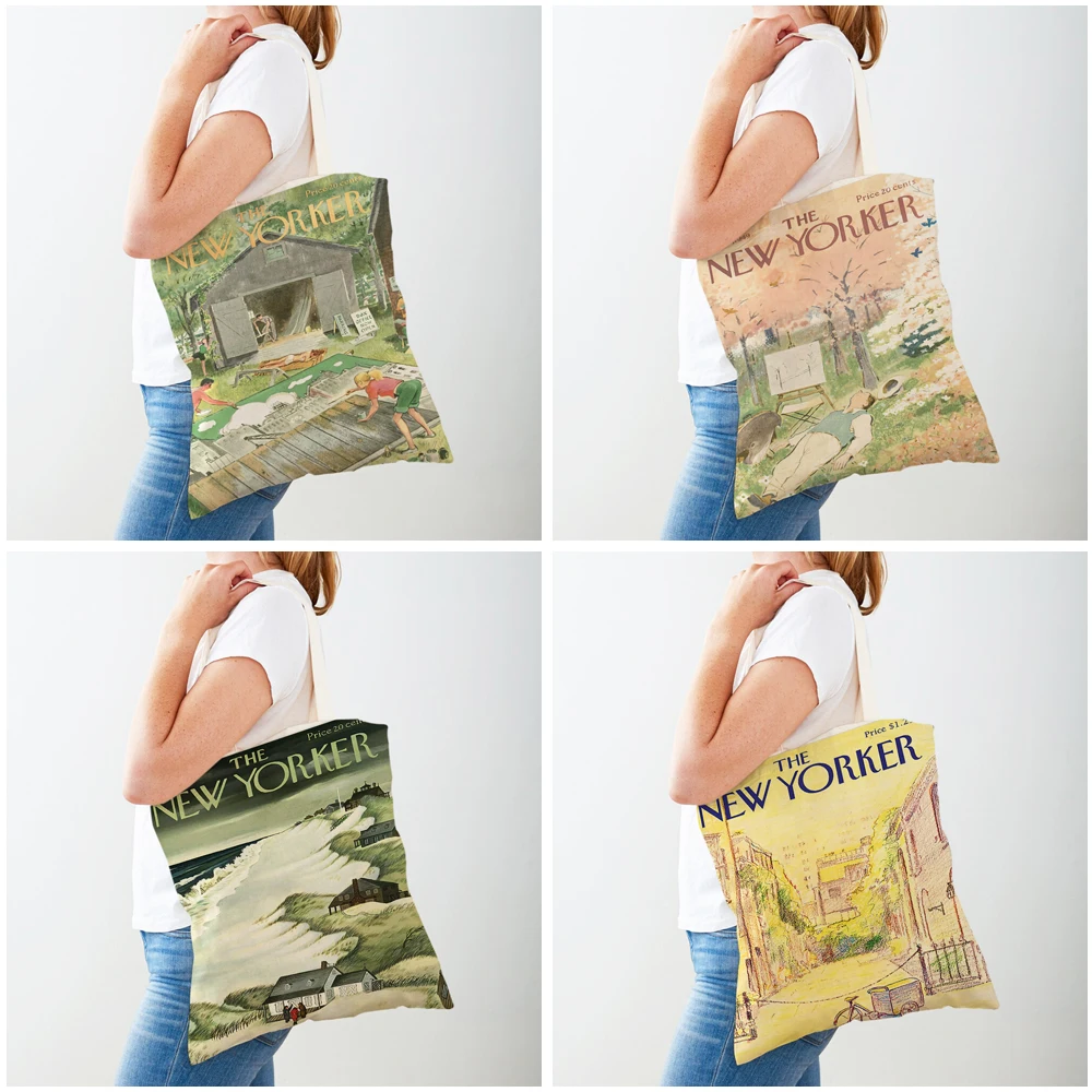 New Yorker City Magazine Women Shopping Bags Double Print Casual Shopper Bag Vintage Lady Canvas Tote Leaf Flower Handbag