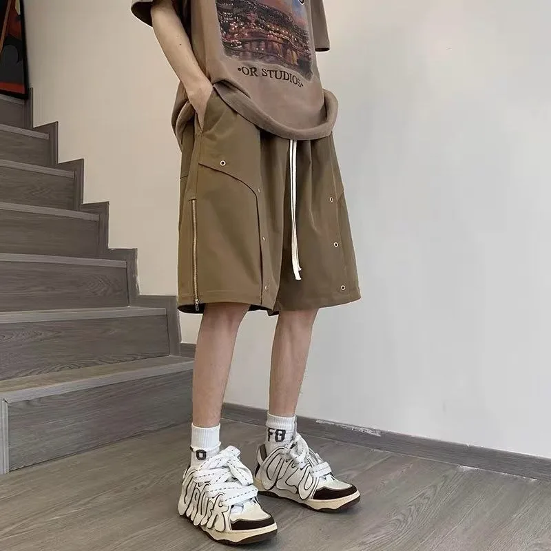 Pantaloncini Cargo retrò americani da uomo estate nuova cerniera con coulisse tinta unita pantaloni al ginocchio versatili pantaloncini High Street
