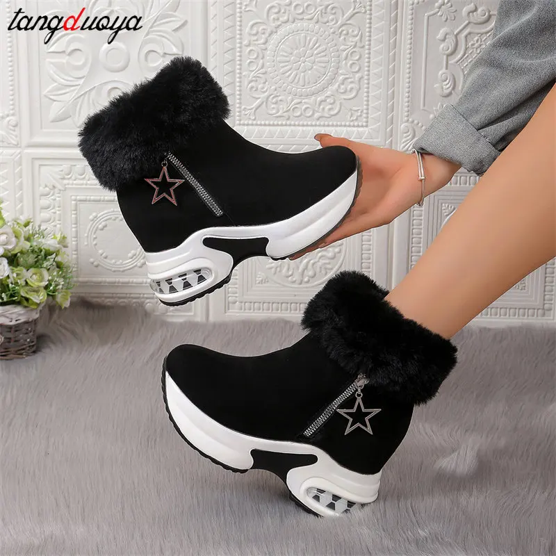 Women\'s Fur Snow Boots Winter Thick Bottom Short Boots wedge Heels Round Toe Warm Plush Platform sneakers Women\'s Ankle Boots