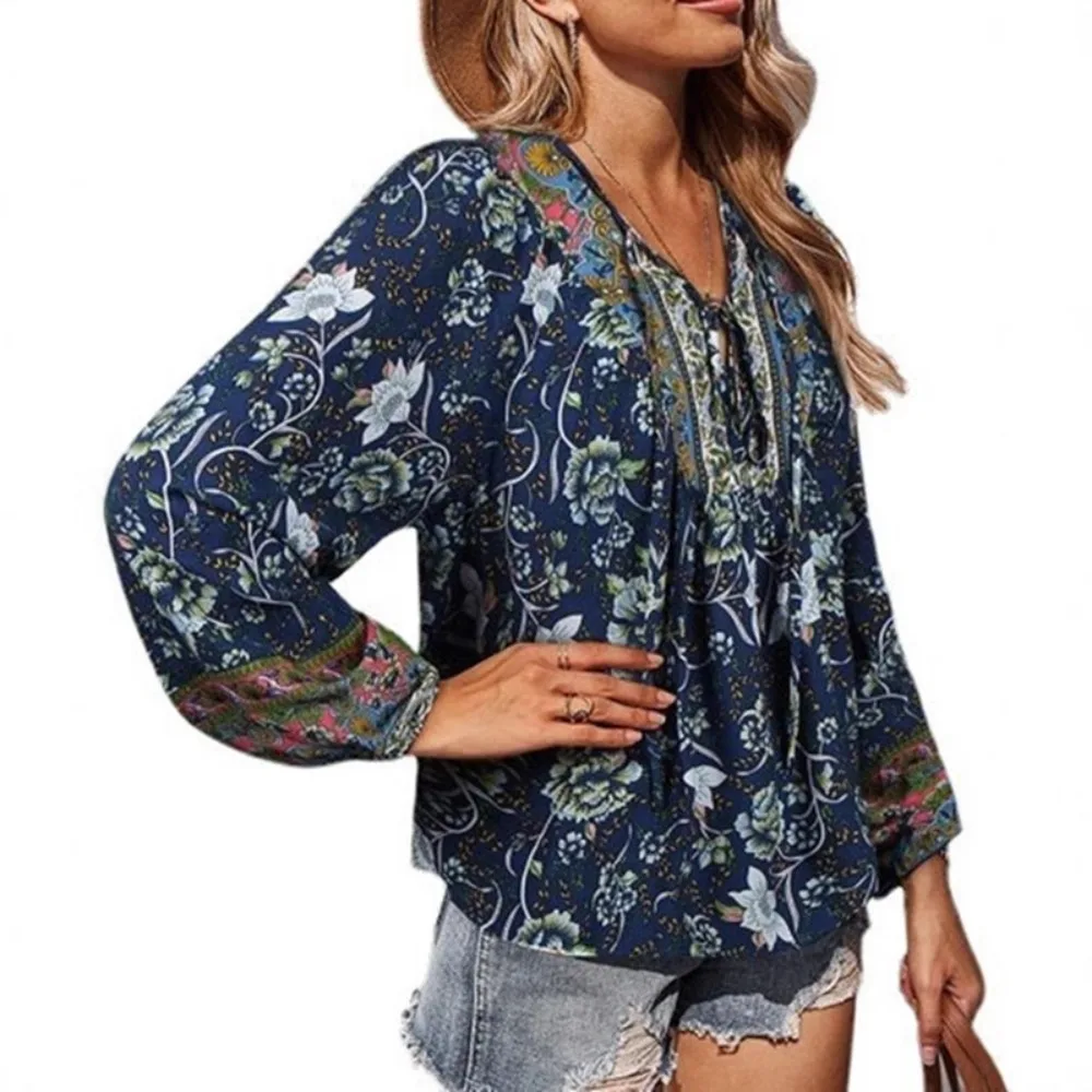 Women Vintage Floral Print Blouse Sexy V Neck Long Sleeve Tops Casual Date Work Party Summer Beach Loose Blouses Shirts