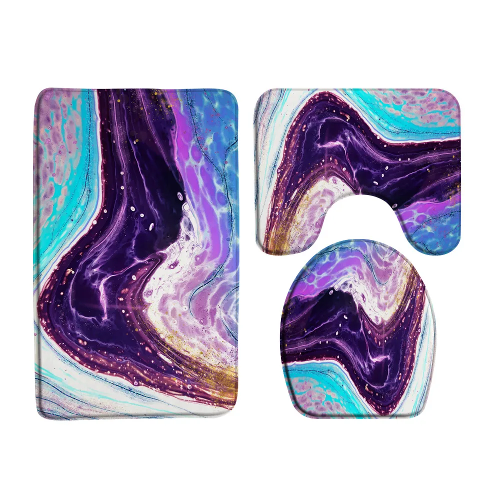 Abstract Marble Bath Mat Set Blue Green Purple Print Geometric Pattern Modern Home Bathroom Decor Non Slip Rug Toilet Lid Cover