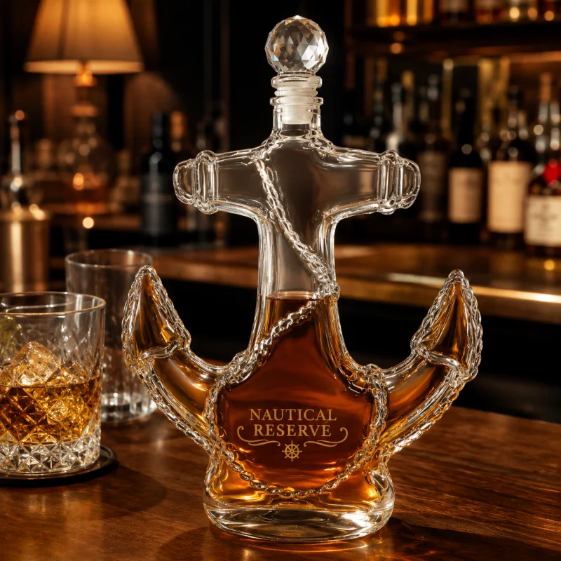 Anchor Shaped Glass Whiskey Decanter Nautical Style Liquor Bottle with Decorative Sticker for Home Bar Display Gift