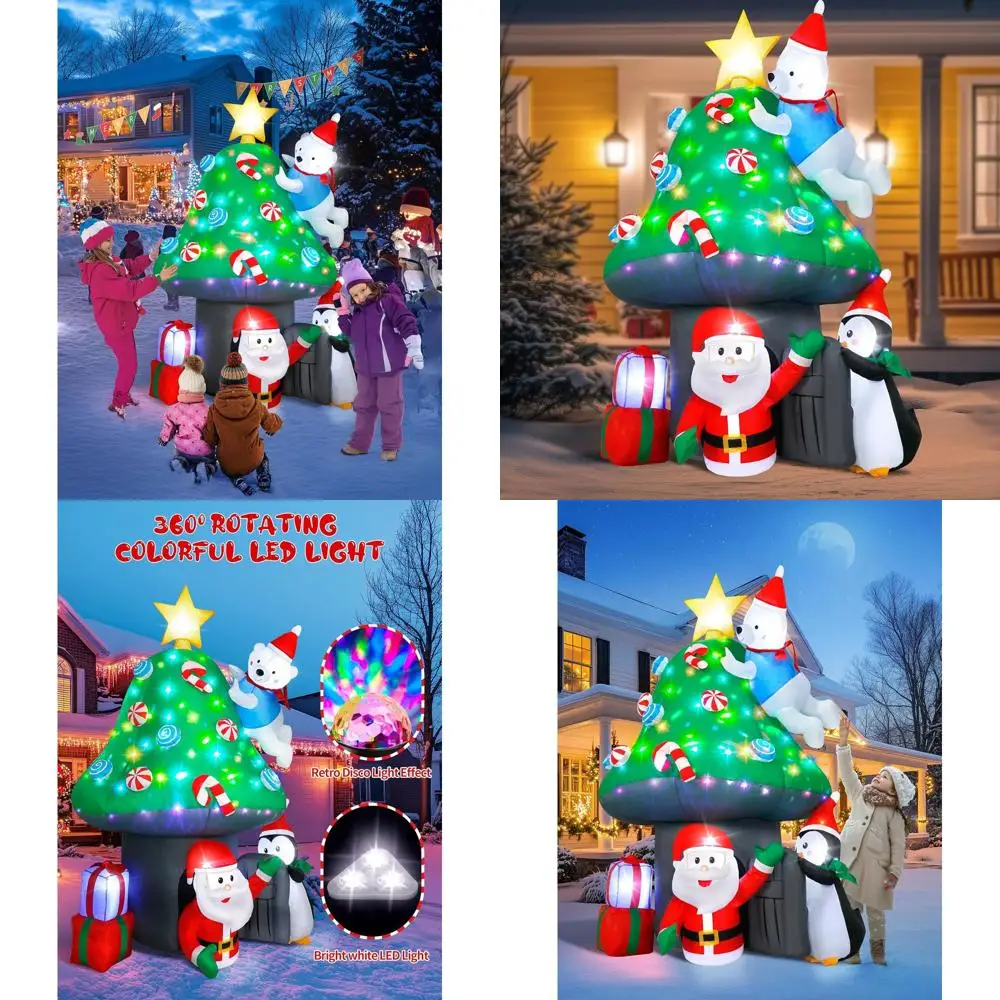 

7FT Santa Mushroom House Outdoor Christmas Decoration with Polar Bear, Penguin, Lights, Tree, and Gift Boxes