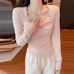 Women Clothing 2024 Spring Autumn Fashion Sexy Ruched Square Collar Basic T-shirt Y2K Female Casual Solid Long Sleeve Slim Tops