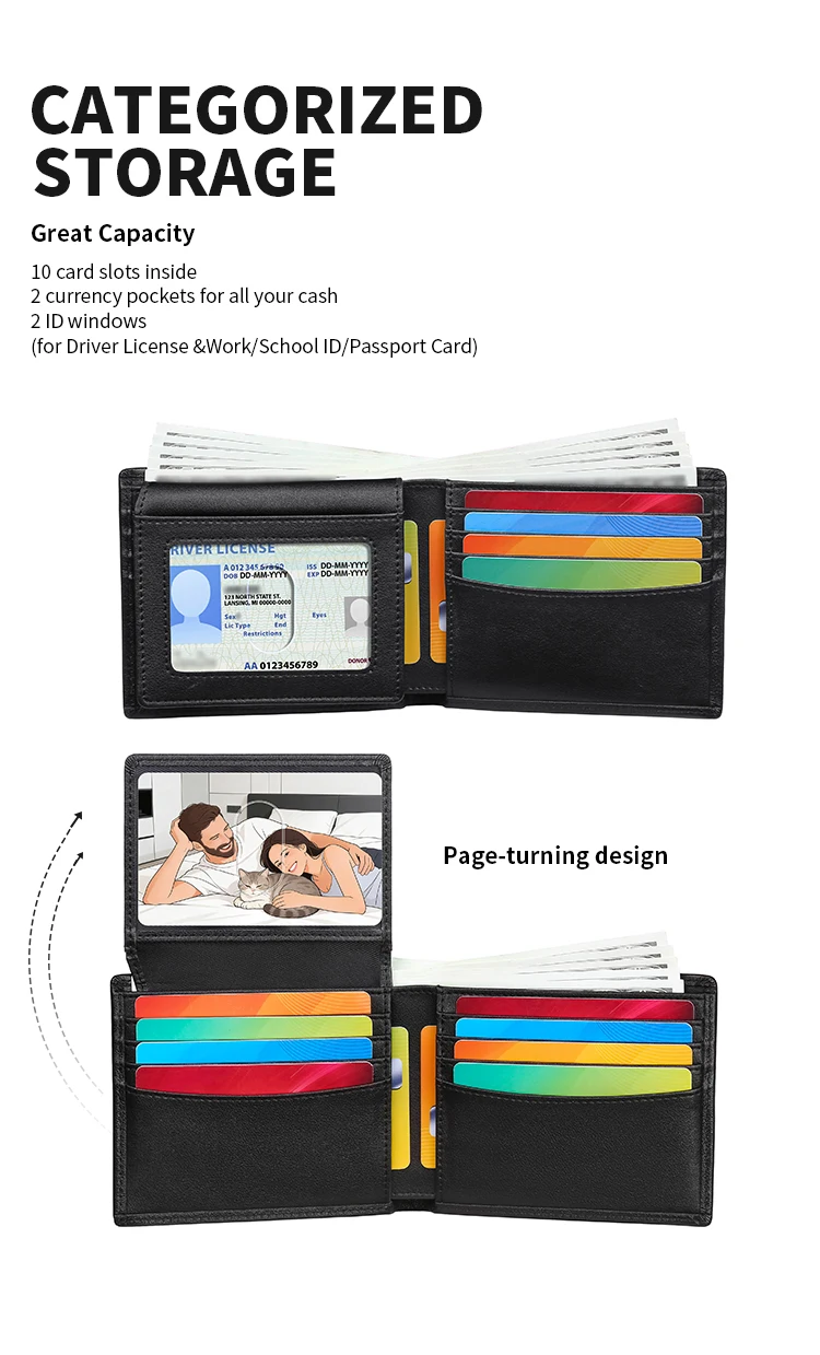 Herren-Geldbörse mit RFID-Schutz aus Echtleder, Große Kapazität, Kartenhalter, Integrierte Ultraflache Brieftasche – Detail 6