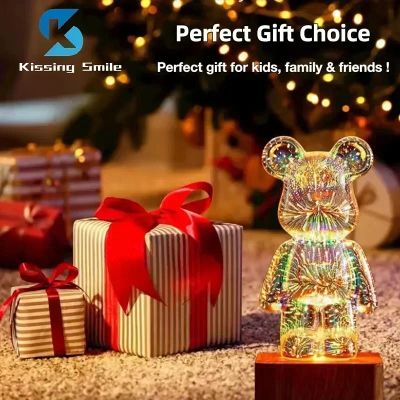 3D Fireworks Bear Night Light Projection Colorful USB Atmosphere Dimming Living Decorative Decor Room 3D Glass Fireworks Bedroom