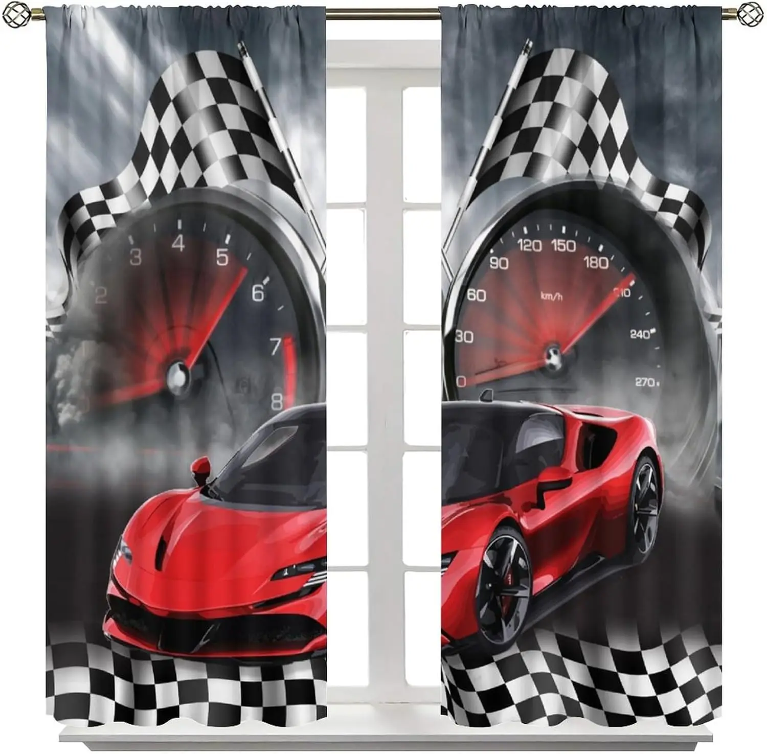 Cartoon Car Curtains,3D Cool Car Dashboard Racing Flag Red Sports Car Blackout Window Treatments, Thermally Insulated Rod Pocket