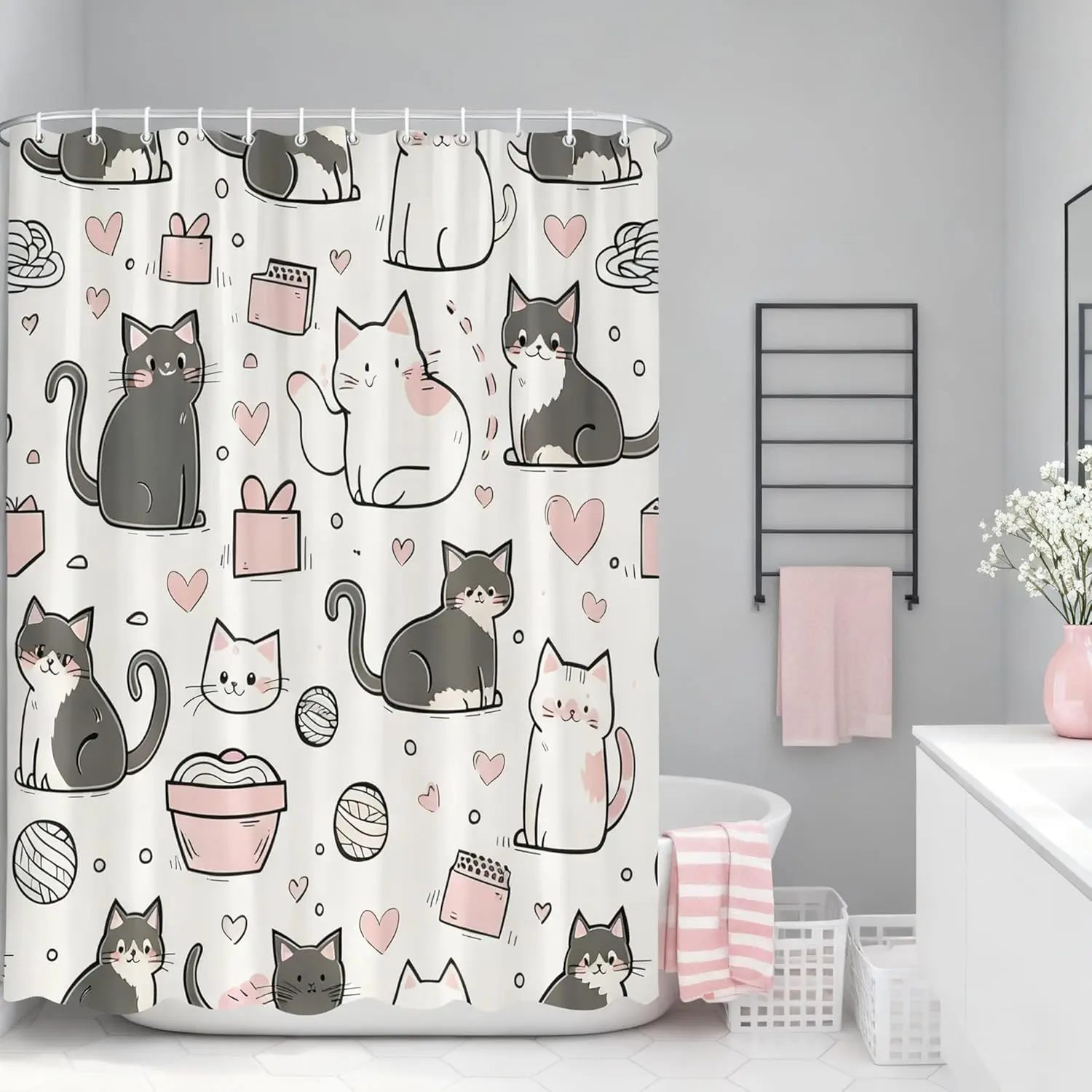 Funny Abstract Cat Shower Curtain Cute Kitten Farmhouse Animals Geometry Boho Mid Century Cartoon Bathroom Decor Curtains