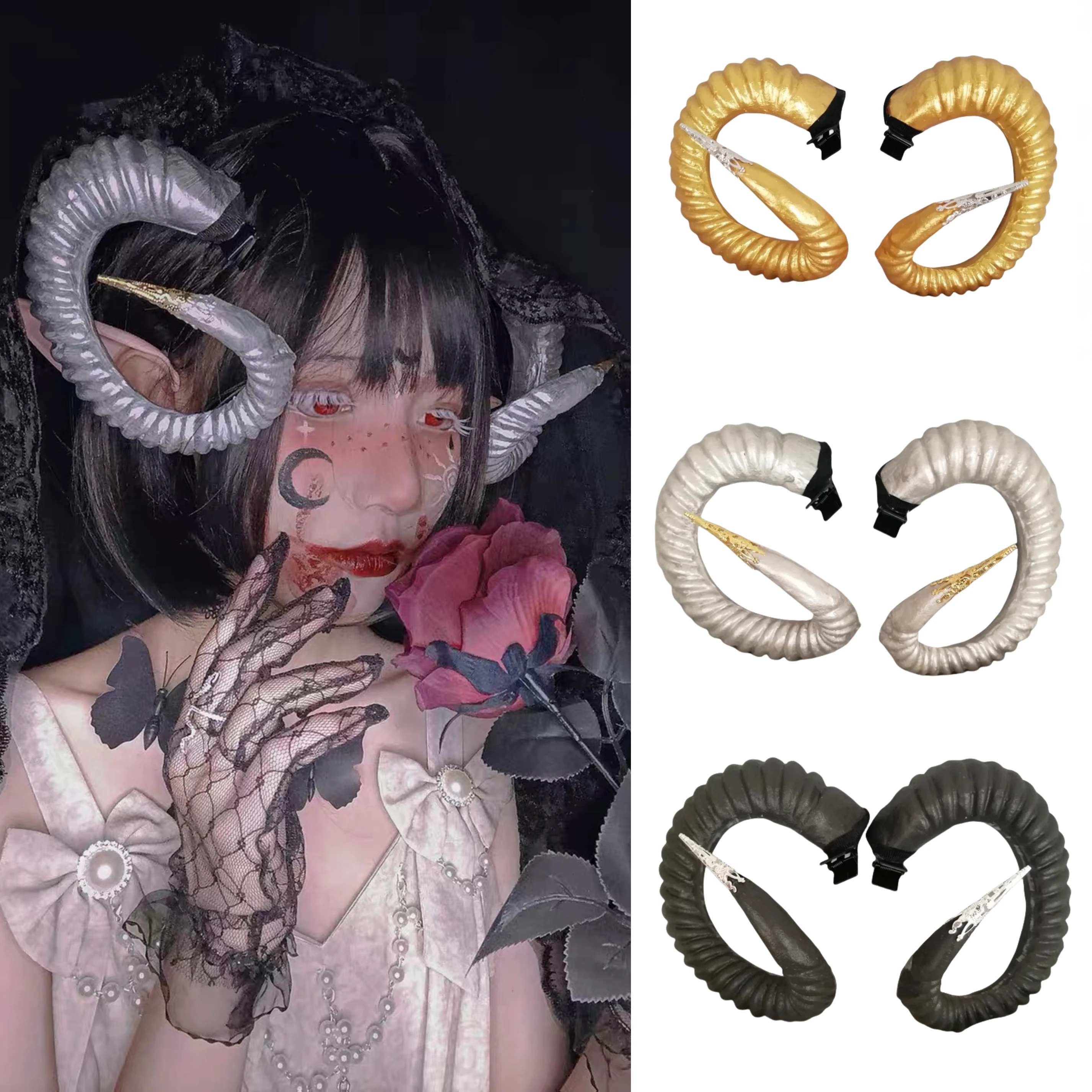

Handmade Black Queen Witch Demon Horns Headpiece Women Halloween Cosplay Animal Antelope Hair Clip Night Party Costume Headdress