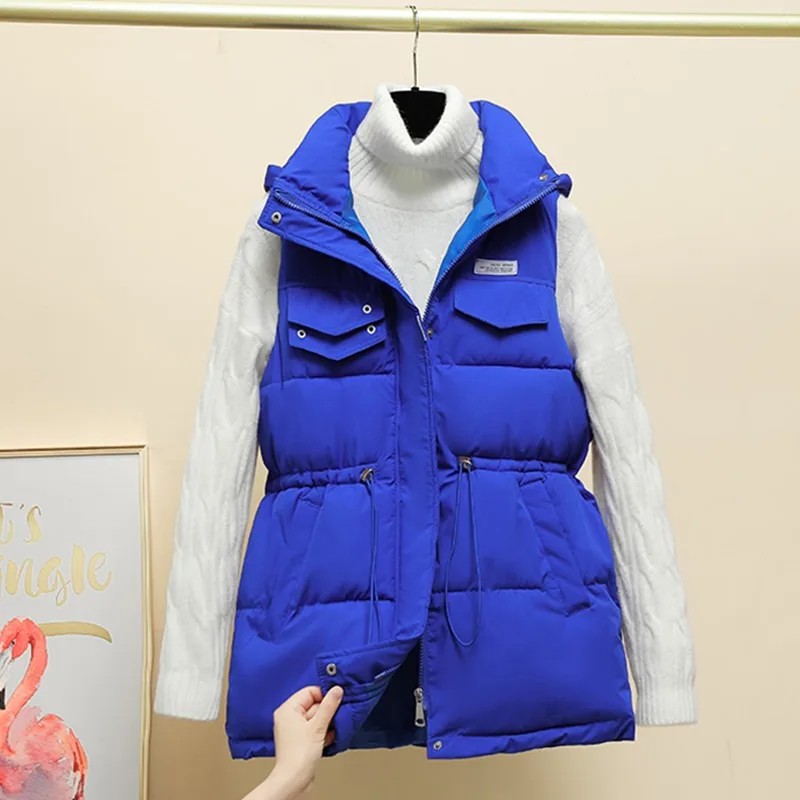 

Fall Winter New Solid Color Hooded Vest Women's Korean Style Casual Thick Windproof Thermal Office Lady Cotton Vests