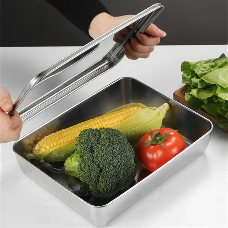 Rectangular Serving Storage Trays Stainless Steel Tiramisu Tray with Lid Deepen Cake Baking Pan Food Plate Kitchen Utensils