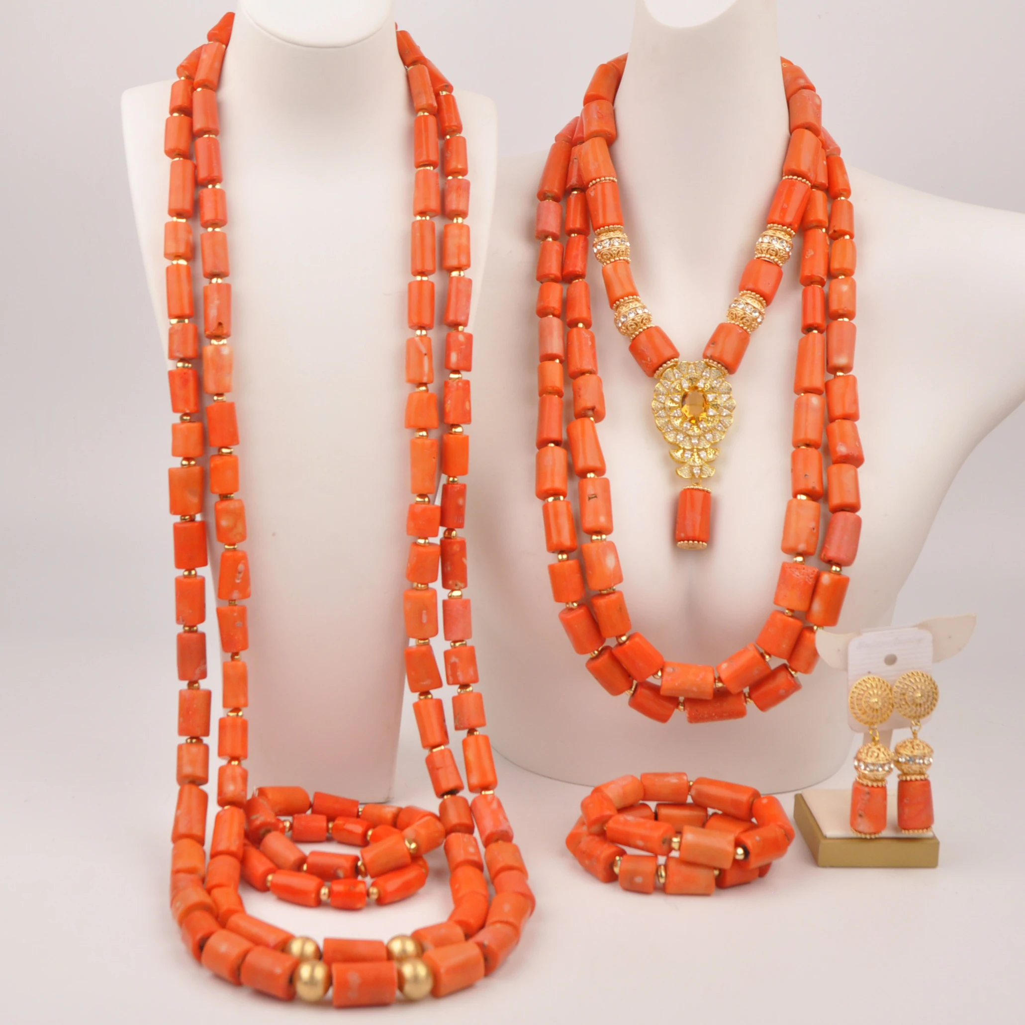 Orange Nigerian Original Coral Bead Necklace for Couple African Wedding Jewelry Sets