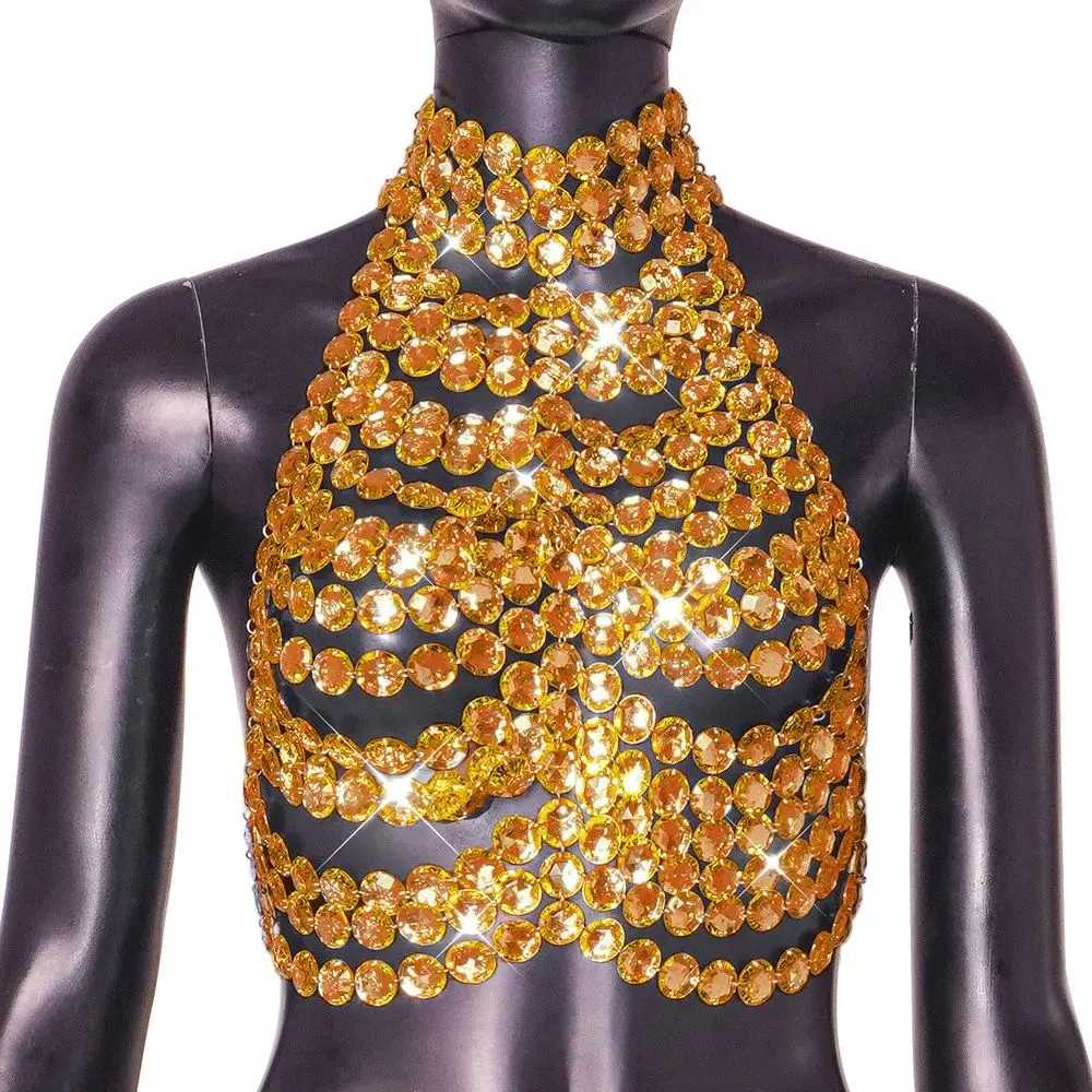 

Y2k Millennial Spice Girls Gemstone Cutout Tank Top Nightclub Party Sexy Halter Neck Crop Top With Necklace