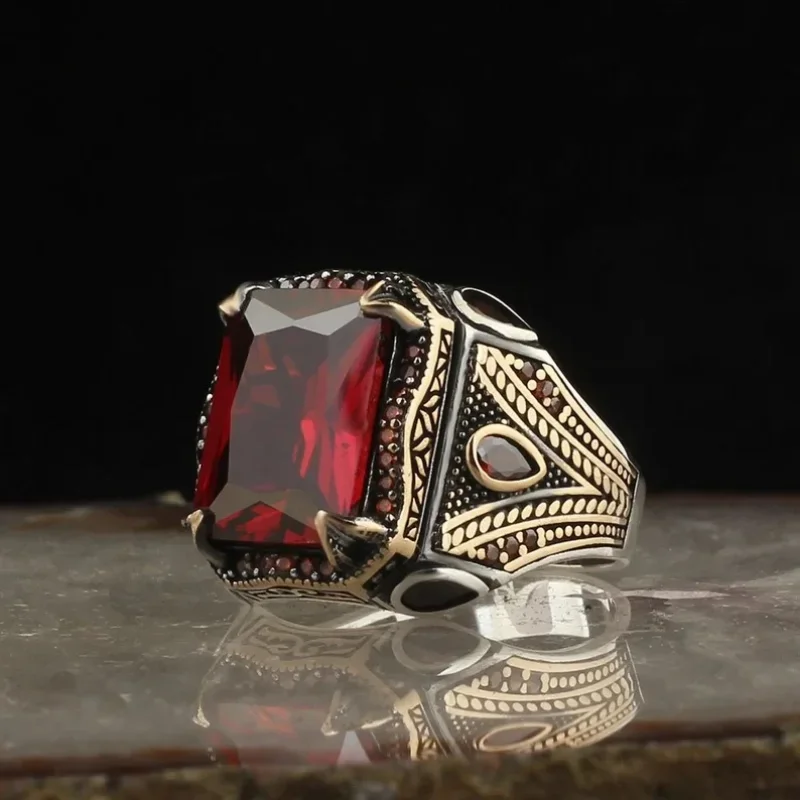 Retro Handgemaakte Turkse Zegelringen Voor Mannen Oude Zilveren Kleur Gesneden Ring Mystic Zirkoon Inlay Nieuwe Punk Motor Biker Ring