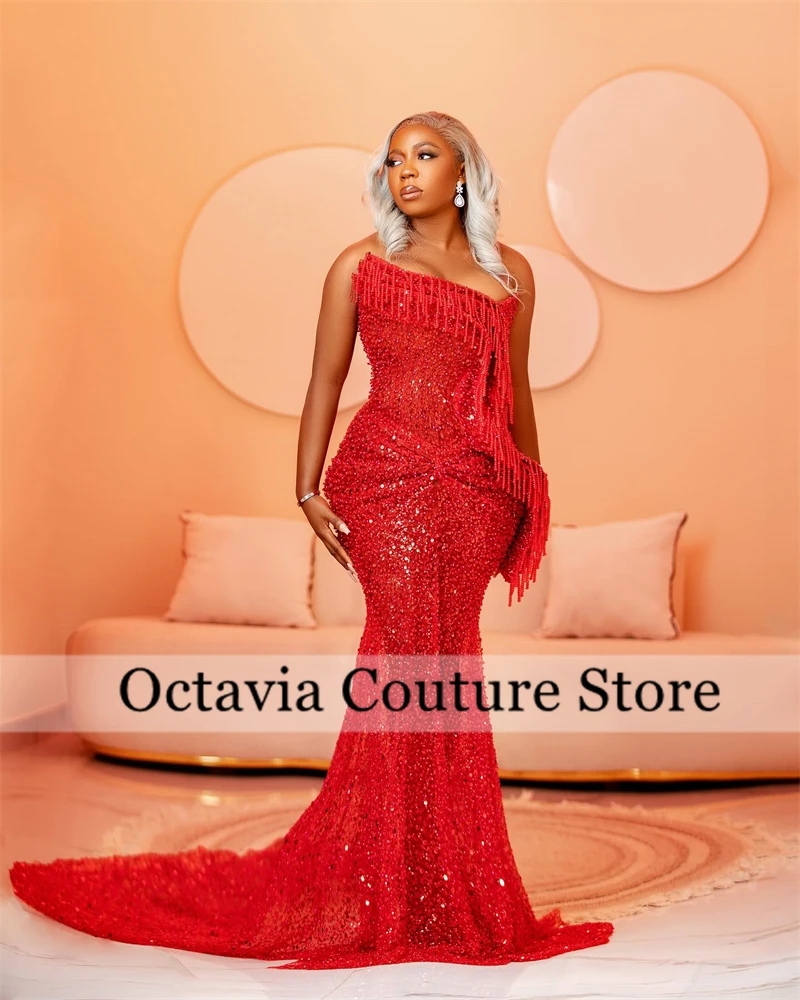 Aso Ebi Red Tassel Evening Dresses Sequin Birthday Dress Women 2024 Bead Crystal Strapless African Party Gown Customized