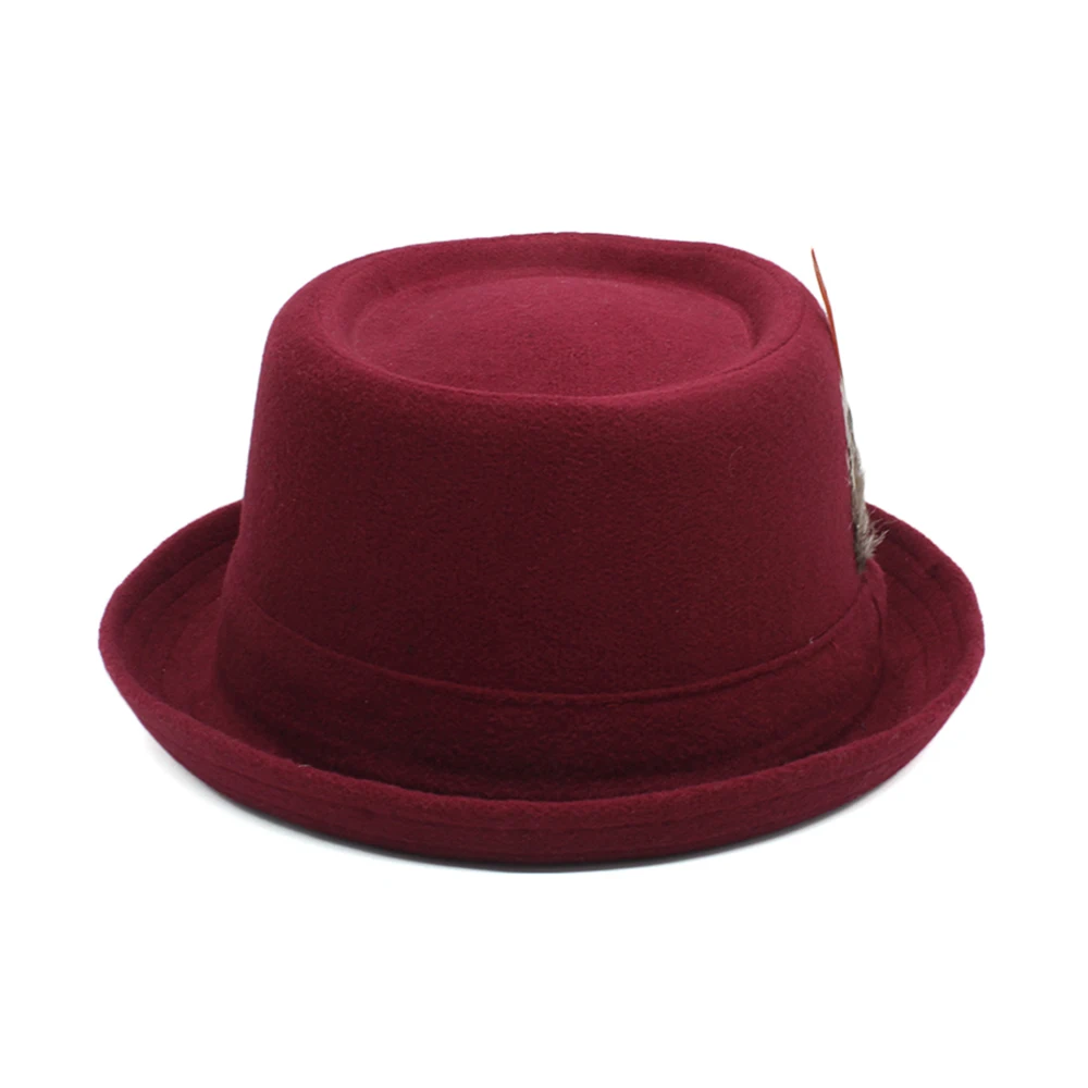 Men Women Woolen Wool Blend Feather Band Pork Pie Hats Fedora Trilby Sunhat Street Style Classical Cap Travel Size US 7 3/8 UK L