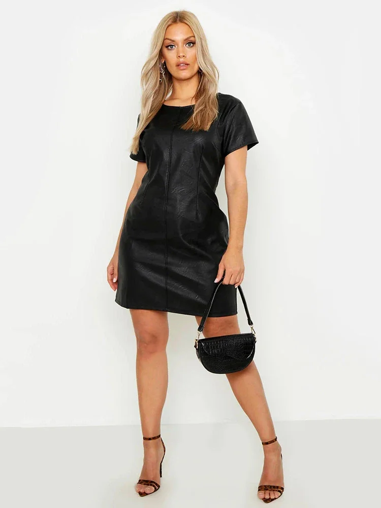 Black Matte Faux Leather Women Mini Dresses Ladies Casual Short Sleeve Splicing Stretch PU Dress Party Summer Chic Loose Dress