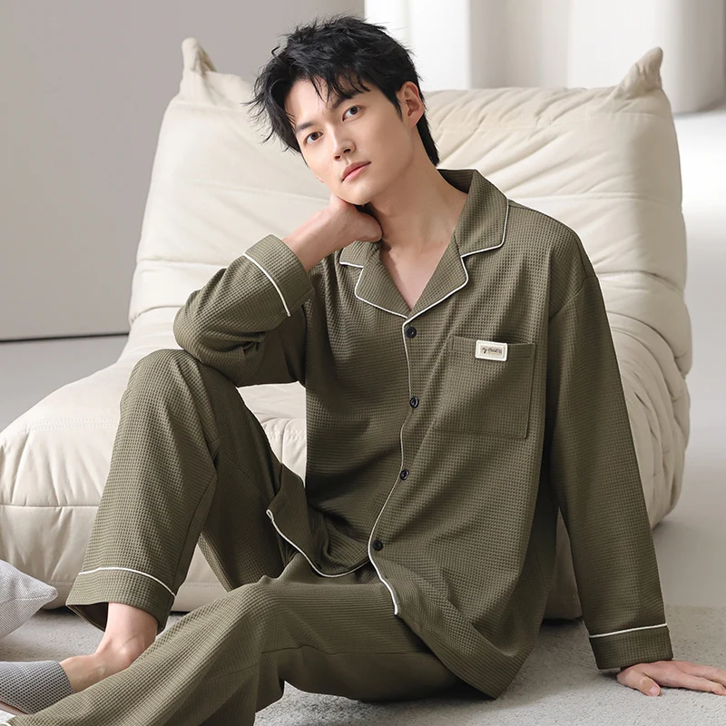 

High Quality Men Pajamas Set 100% Cotton Turn-down Collar Sleepwear Male Autumn Solid Pyjamas