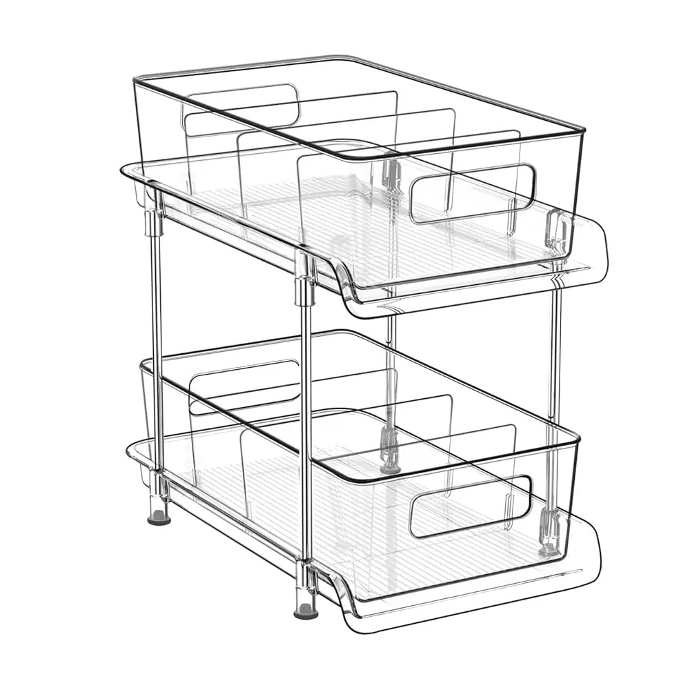 

2 Tier Bathroom Storage With Dividers, Clear Under Sink Pull Out Organizer For Kitchen Pantry, Medicine Cabinet