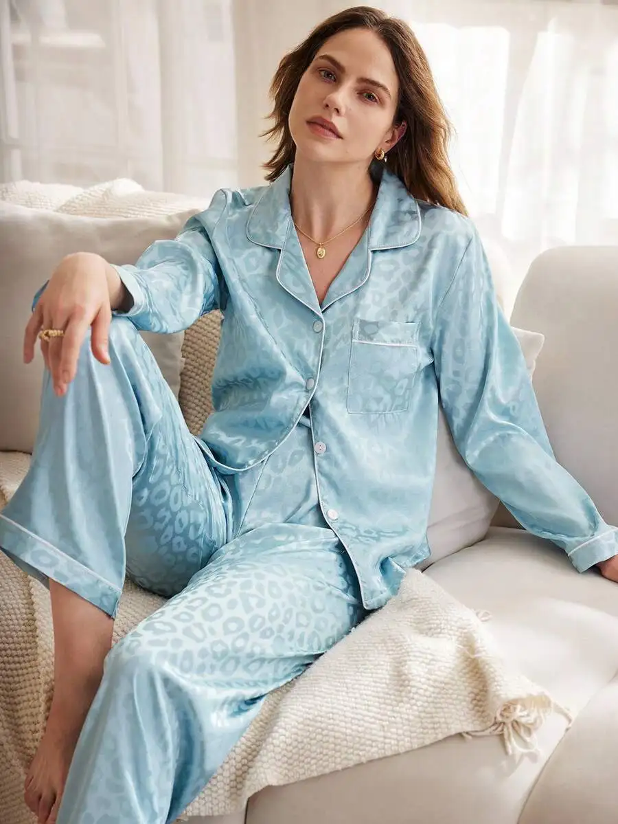 

Elegant Animal Print Satin Pajama Set Women Sleepwear Loungewear Two Piece