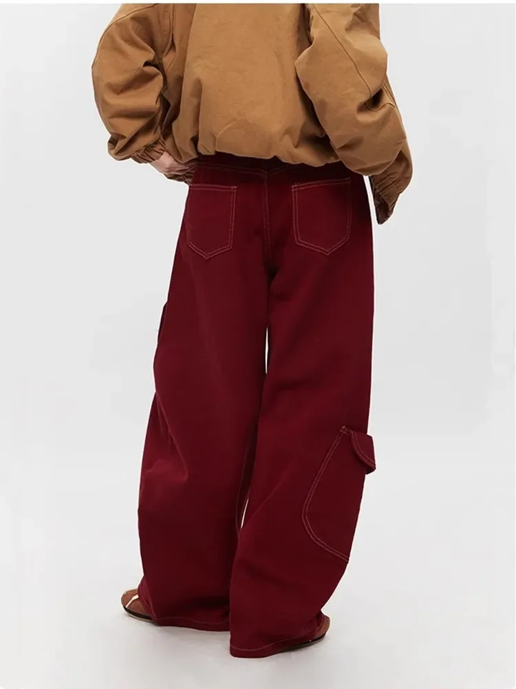 Femmes Cyber Y2K rétro rouge Patchwork Baggy Cargo jean haute rue Vintage jambe large Denim pantalon Streetwear pantalon ample