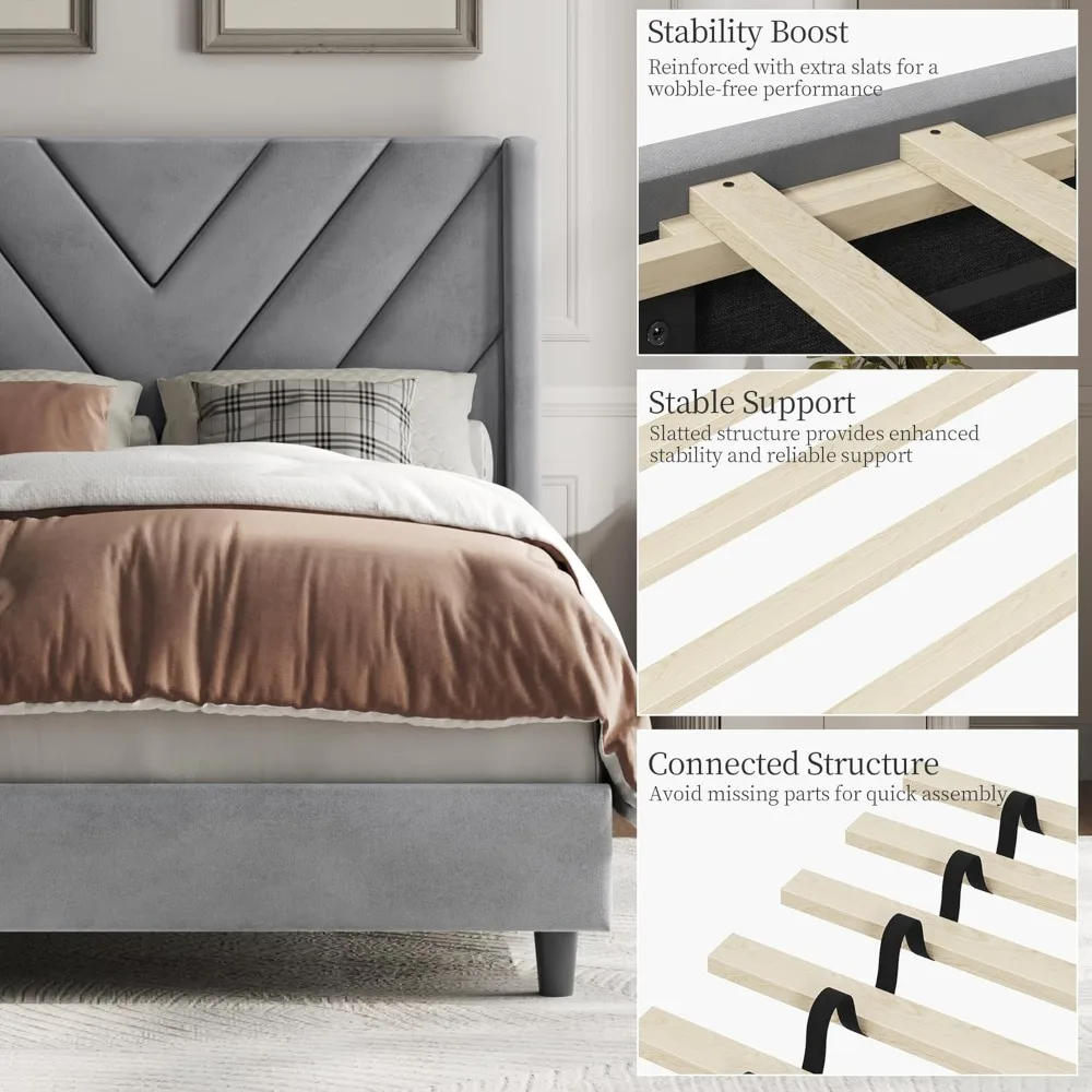 سرير Yaheetech بمنصة منجدة مزدوجة الحجم مع جوانب جناح ودعم شرائح خشبية ولوح رأسي معنقدة وأساس مرتبة