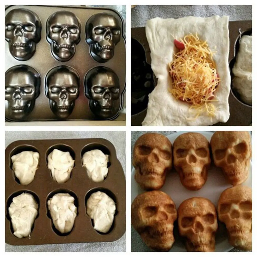 

Halloween Skull Cake Pan Molds 6 Cavity Skeleton Chocolate Molds Non-Stick Ice Maker Stainless Steel for Chocolate Candy Cake