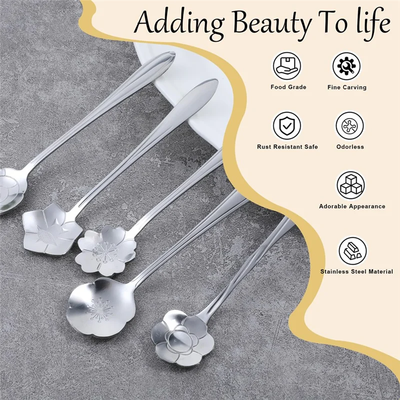 ABVA-Floral 5-Inch Silver Spoons Set, 40Pcs Stainless Steel Coffee And Dessert Spoons For Tableware In Cafes And Kitchens