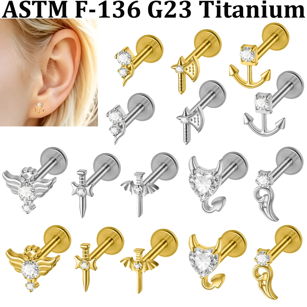 1 Stück CZ Kreuz Schwert Anker Flügel Labret 16G Titanlegierung Teufel Zirkonia Nasen-Ohr-Knorpel Conch Tragus Rook Lobe Ohrring