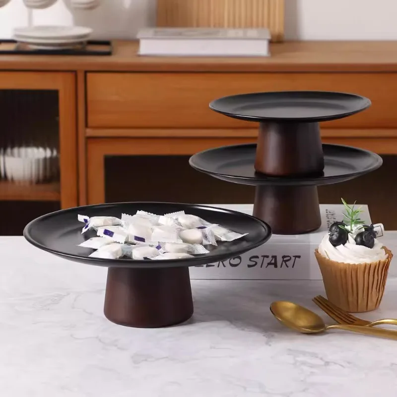 

Metal Fruit Plate Black High Wood Solid Wood Snack Dessert Cake Display Plate Bedroom Jewelry Cosmetics Teacup Storage Tray New