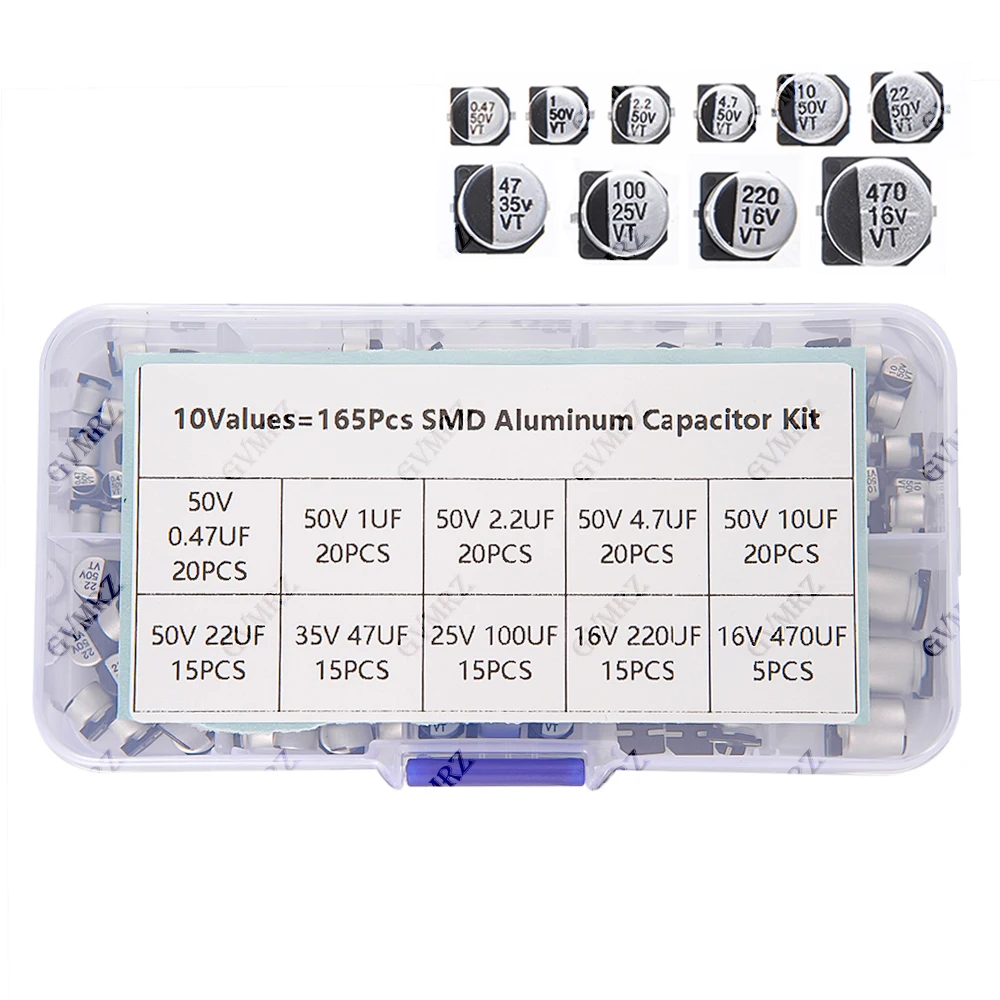 165-teiliges SMD-Aluminium-Elektrolytkondensator-Musterbox-Set mit 10 Werten – Sortiment für Elektronik-DIY-Reparaturprojekte