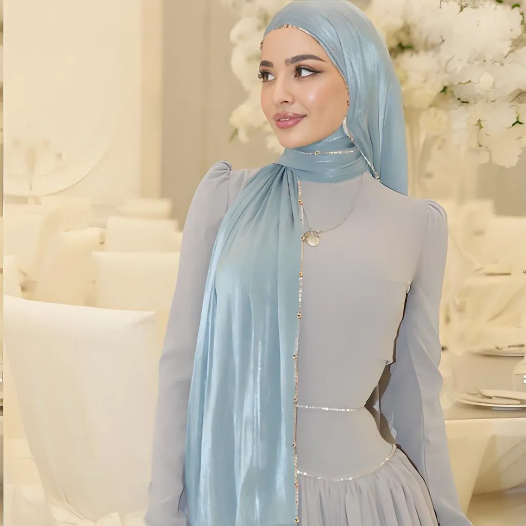 

New Beading Chiffon Crinkle Hijab Scarf Women Shimmer Shawls Island Silk Chain Muslim Women Hijabs Pleated Ramadan Islam Turban