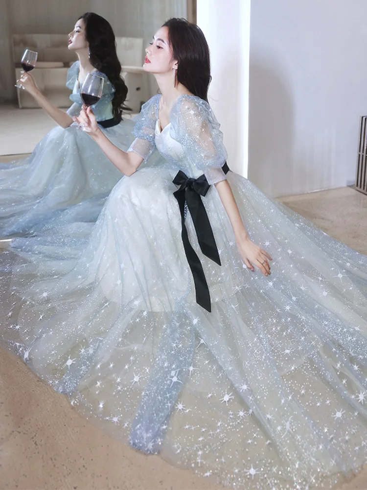 แสงโรแมนติกชุดราตรีสีฟ้า Elegant Square ปลอกคอลูกไม้ขึ้นแขนฟอง Sequin Star Sky Series Quinceanera ชุด Vestidos