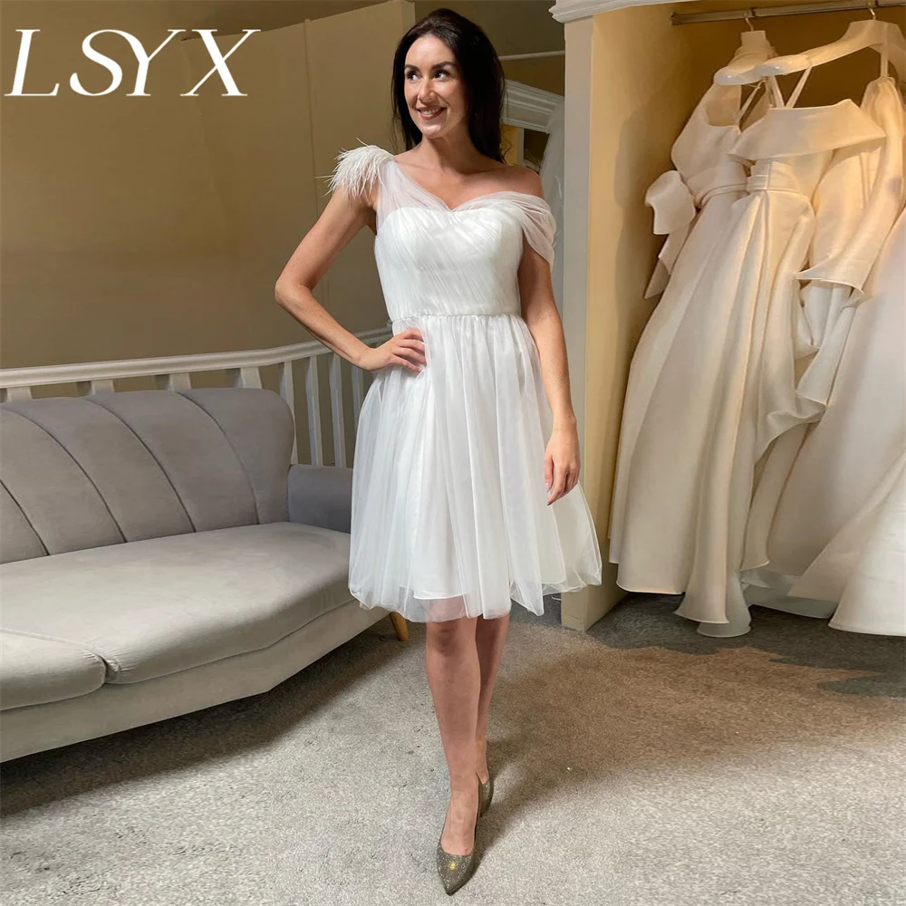 LSYX V-Neck One-Shoulder A-Line Tulle Feather Mini Wedding Dress For Women Zipper Back Above Knee Short Bridal Gown Custom Made