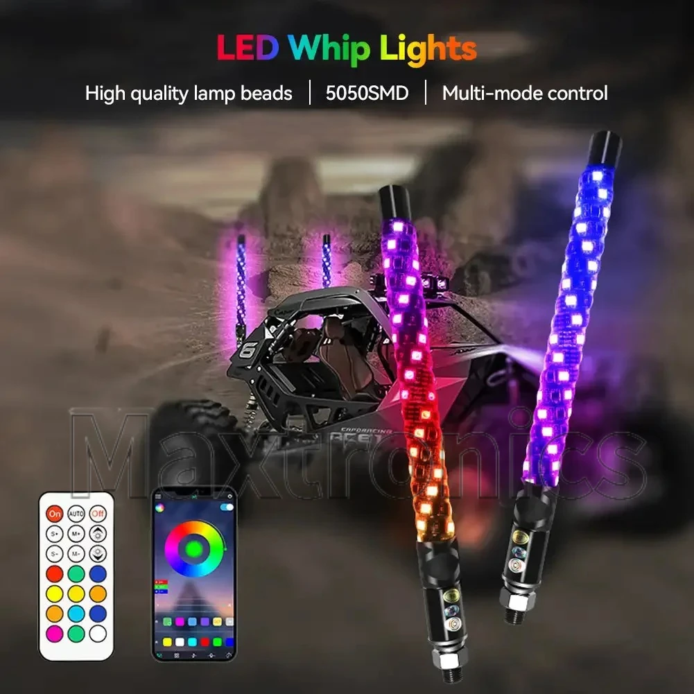 Lampu Tiang Bendera LED RGB 30Cm/1 Kaki dengan Remote Control Lampu Cambuk Antena Spiral Warna-warni untuk Truk Buggy Pasir Off-Road UTV ATV