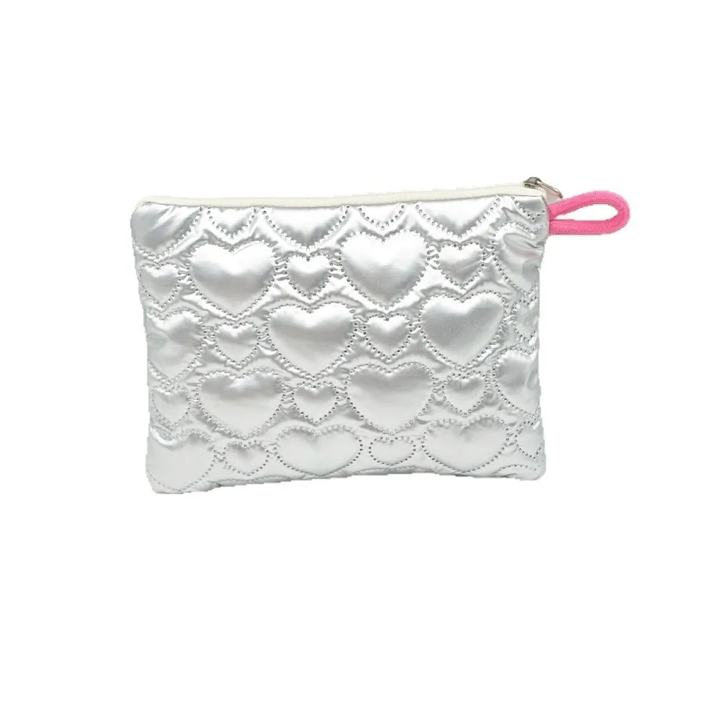Multi-function Cosmetic Pouch Bow Decoration Embossed Heart Toiletry Storage Pouch Satin Material Quilted Makeup Bag Girls